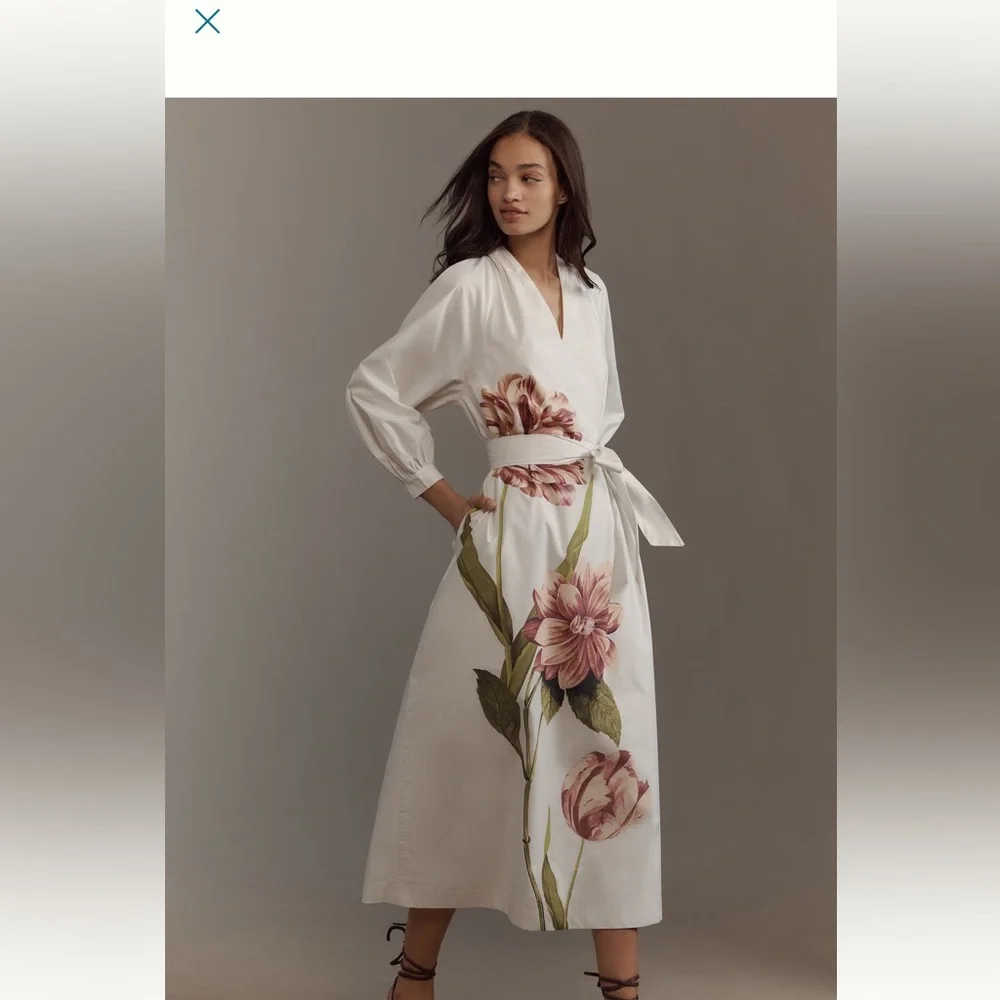 Anthropologie V Neck floral belted midi dress Size small - Picture 2 of 6